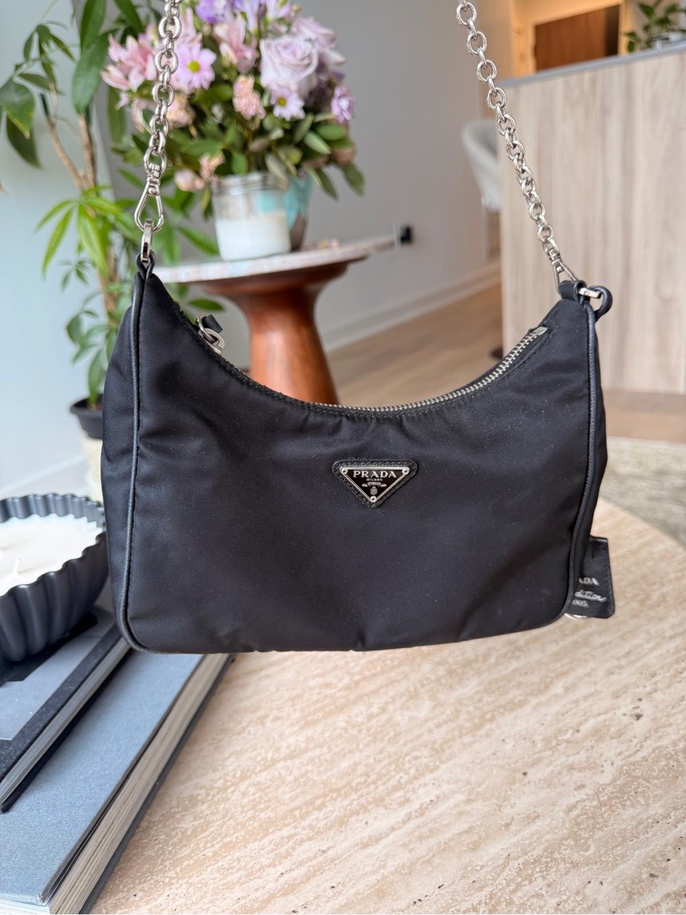 PRADA re-edition — Black Nylon Chain-Shoulder Mini Bag, strap and pouch included